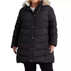 Ralph Lauren Black  Faux-Fur-Trim Hooded Down Puffer Coat, Size XXL